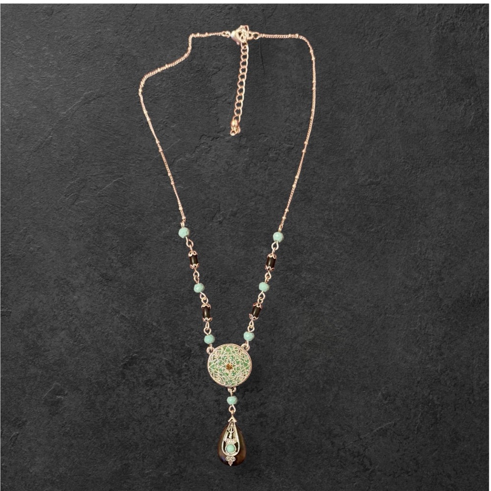 Vintage Avon x Nina Ricci Statement Necklace – Green & Brown Beaded Medallion